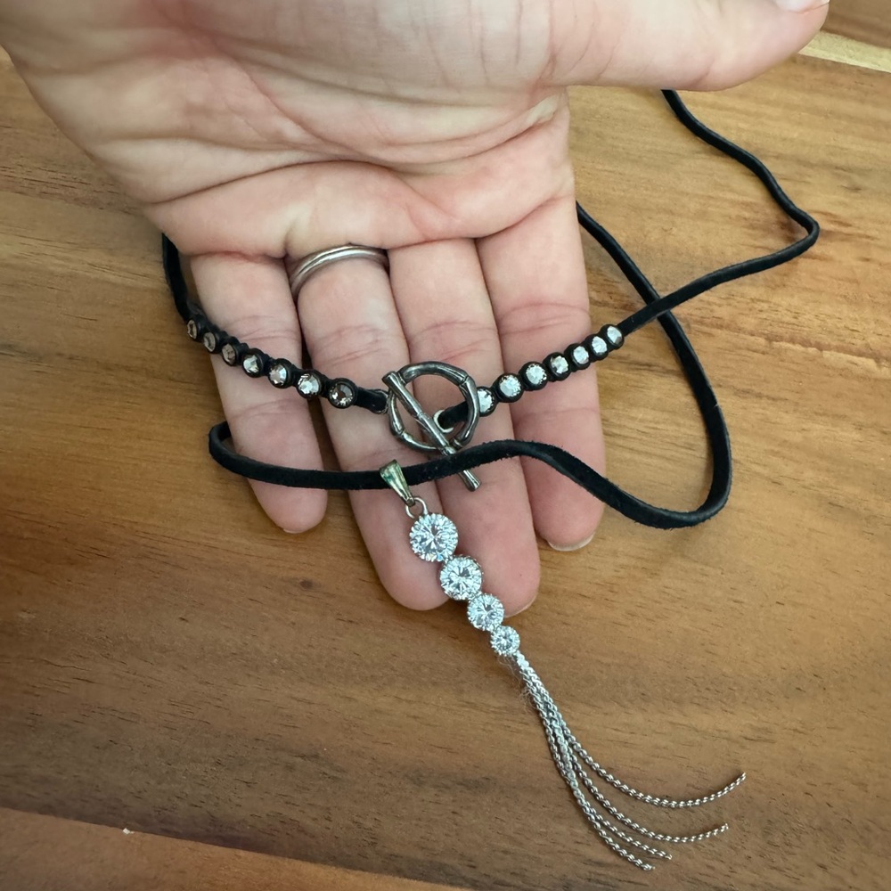 Fringe Studio Black Suede Necklace with Crystal Tassel Pendant